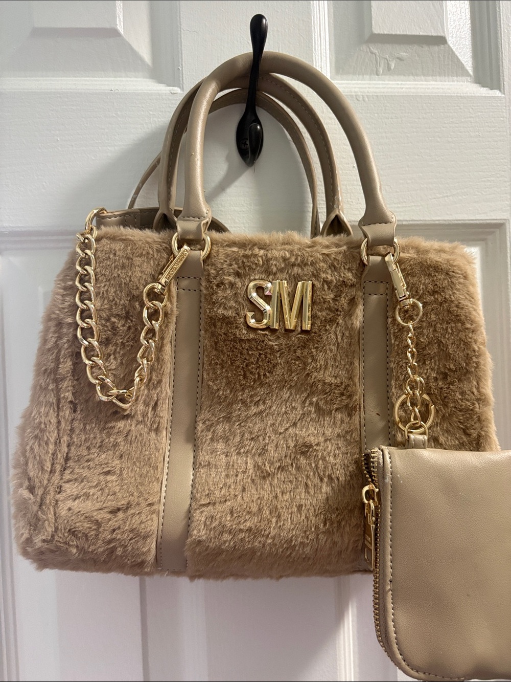 Steve Madden Faux Fur Crossbody Satchel in Camel with Gold Hardware